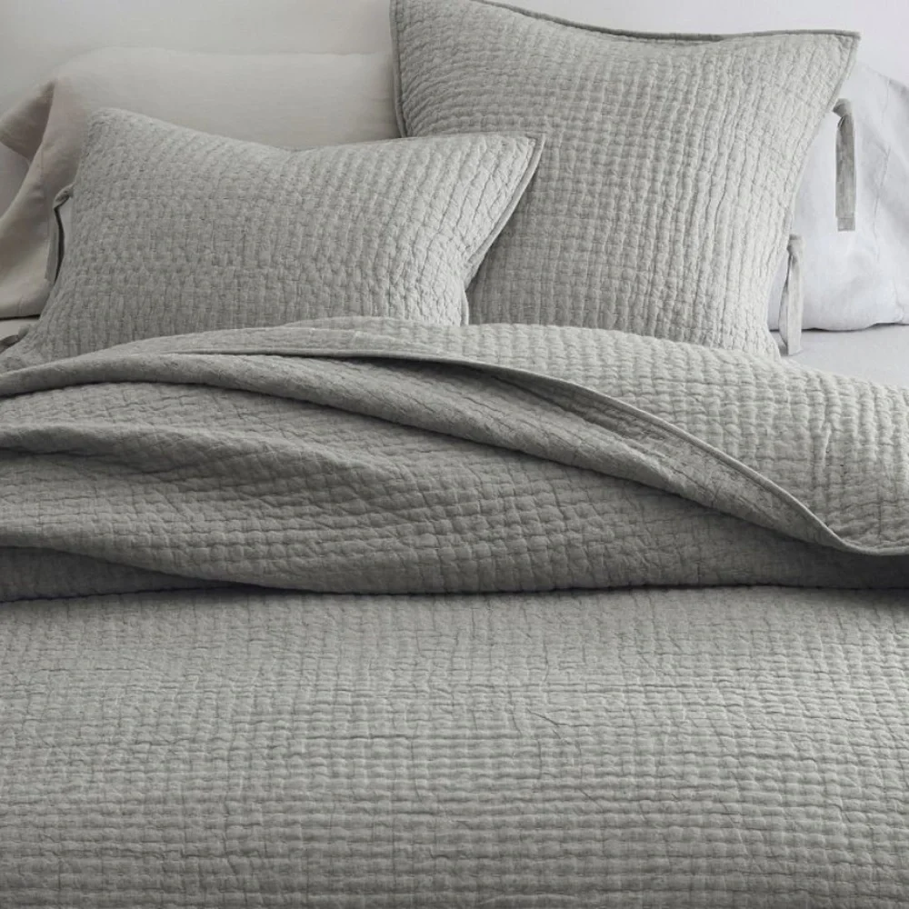Pottery Barn Pick-Stitch Handcrafted Cotton Linen Quilt Gray King